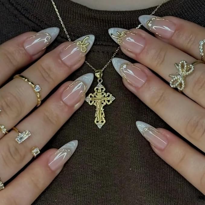 Press On Nails Almond Shape Hnadmade Fake Nails, Acrylic Nails Cute Bow French Reusable Artificial Almond False Nails for Women (Size M)