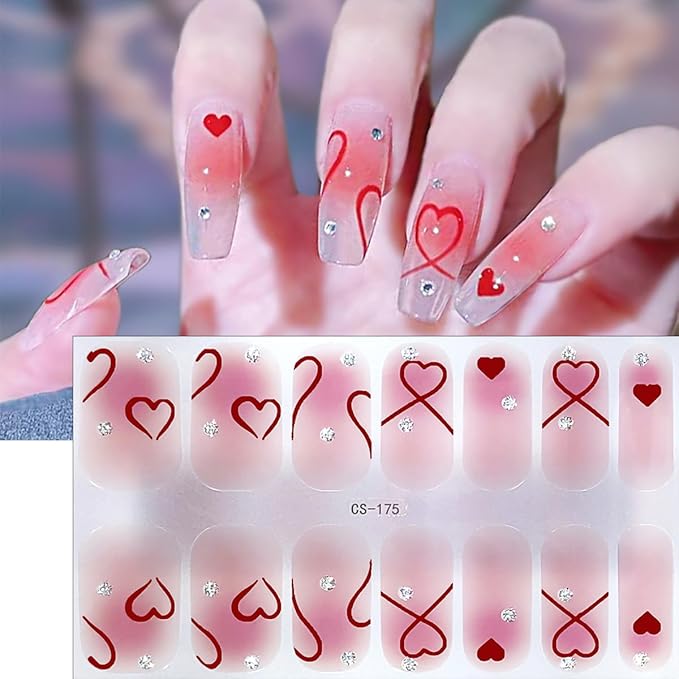 4Sheets Valentines Day Gel Nail Stickers Romantic Love Heart Nail Polish Strips Glitter Gel Nail Wraps Self Adhesive Cute Bow Nail Polish Stickers French Heart Full Wrap Nail Decals for Women Manicure