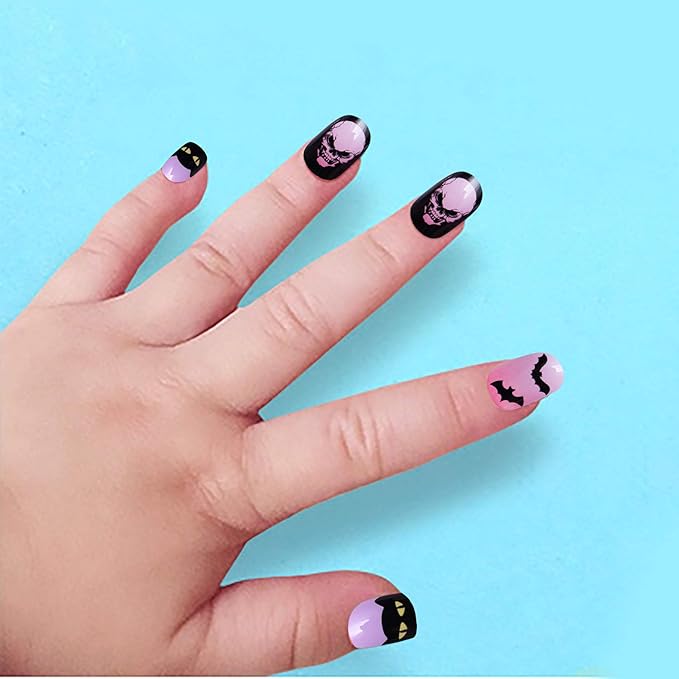 Allstarry Kids Halloween Nails, 120pcs 5pack Children Press on Nails Pre-glue Full Cover Glitter Gradient Color Rainbow Short False Nail Kits Halloween Gifts for Kids Little Girls Nail Art Decoration