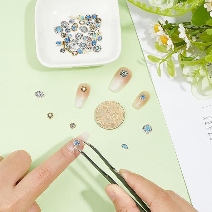 WADORN 50Pcs Turquoise Nail Charms, Western Bohemia Enamel Metal Nail Art Charms 3D Metallic Gems Decor for DIY Manicure Accessories Woman Girl Valentines Wedding Prom Nails Craft Decorations