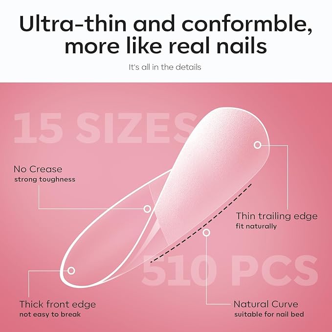 modelones X Nail Gel Kit, Upgrade 15Sizes Pre-shaped Gel Nail Tips Short Almond Shape, 9-in-One Glue Prep Dehydrator & Portable Led Lamp, 510Pcs Press On Extension Kit Gift for Women