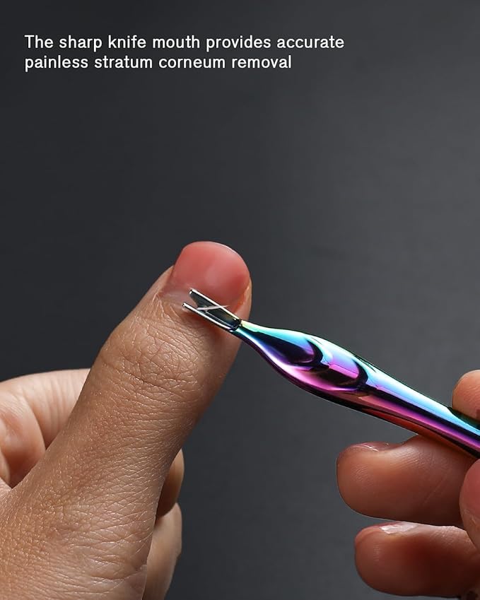 FERYES Cuticle Pusher with Fork, 2-in-1 Cuticle Trimmer Nail Care Tool, Stainless Steel Cuticle Remover Tool for Manicures and Pedicures -Rainbow