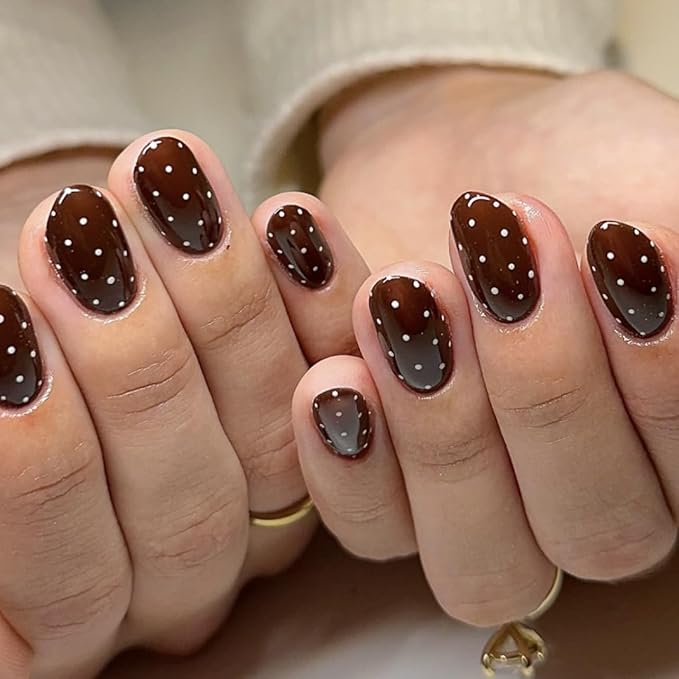 Polka Dot Press on Nails Brown Oval Fake Nails Short Almond False Nails Cute Glue on Nail Fall Acrylic Nails full Cover Stick on Nail for Women Manicure 24Pcs