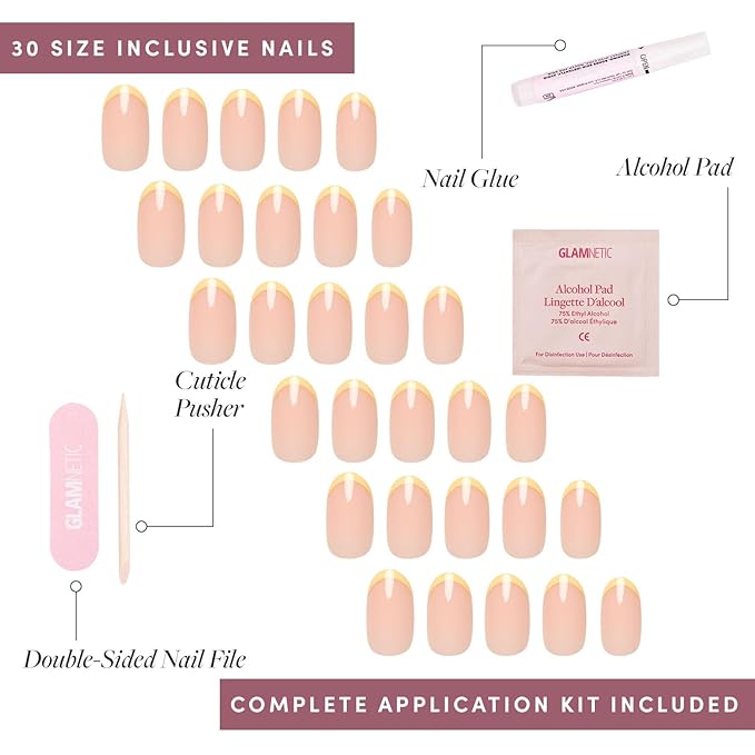 Glamnetic Press On Nails - French Butter | Short Round Fake Nails with Yellow French Tips and Glossy Finish, Salon Quality | 15 Sizes - 30 Nail Kit with Glue
