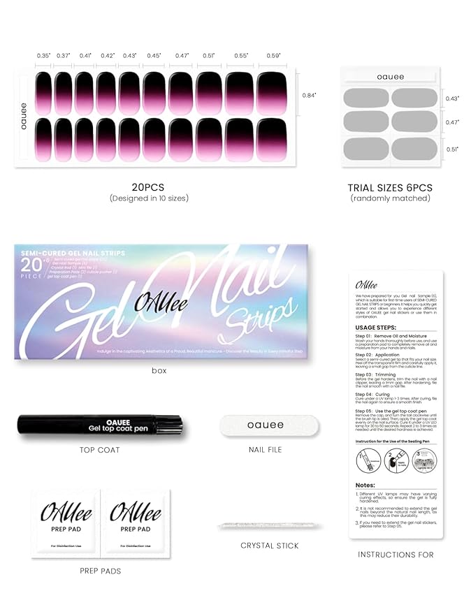 Semi Cured Gel Nail Strips | Built-In Gel Top Coat | UV Light Required | Salon Quality, Easy Application And Removal (Nocturnal Fuchsia）