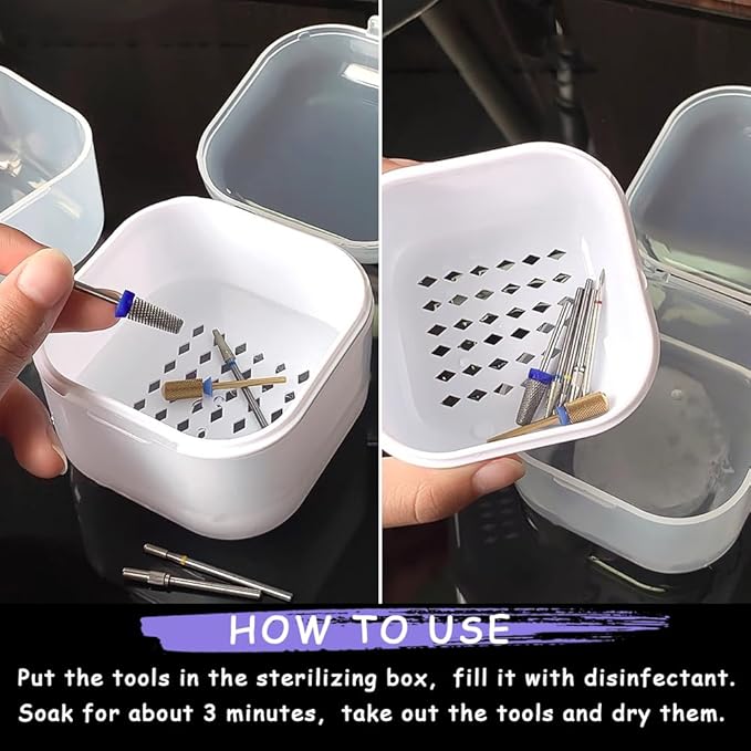 Nail Tool Sterilizer Box Plastic Sterilization Tray for Nail Art Accessories Tools, Portable Nail Drill Bits Disinfectant Container Soaking Box with Strainer Pedicure Manicure Cleaning Equipment