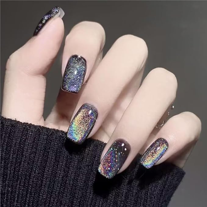 Cat Eye Black Rainbow Press On Nails Medium Square, Designer Reusable Acrylic Fake Nails with Glue, Glossy Soft Gel Nails Wedding and Party, Stick On Glue On Nails, Nails Press Ons for Women