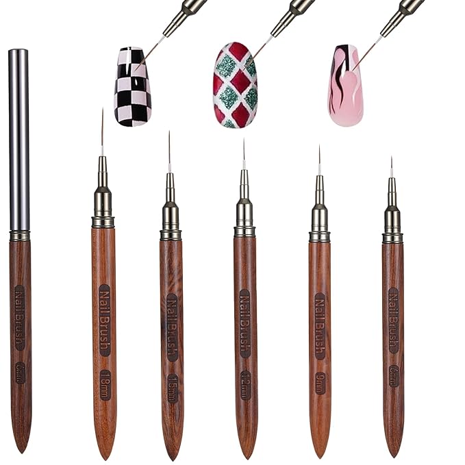 5 PCS Nail art brushes, Nail Art Liner Brushes Thin Liner Nails Brush Set for Thin Details, Painting Arts Design, Long Lines, Fine Drawing Sizes 6/9/12/15/18mm, Natural