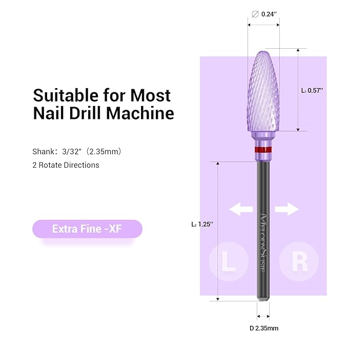 MelodySusie Ceramic Nail Drill Bit, 3/32'' (2.35mm) Professional Acrylic Nail File Flame Drill Bit for Manicure Pedicure Cuticle Gel Nail Polishing, Beginners Bits, Purple, Series Bit-S, Extra Fine