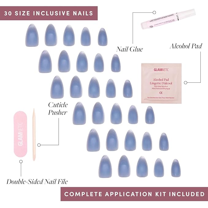 Glamnetic Press On Nails - Baby Blues | Short Almond, Pastel Blue Nails with a Mesmerizing Metallic Finish | 15 Sizes - 30 Nail Kit with Glue
