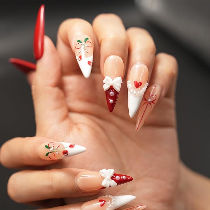Luxury Handmade Press On Nails for Women,Reusable French Tip Long Almond False Nails, with 3D Red Bow & Cherry Pearls, Salon Quality Multilayer Gel Acrylic Fake Nails (10pcs)