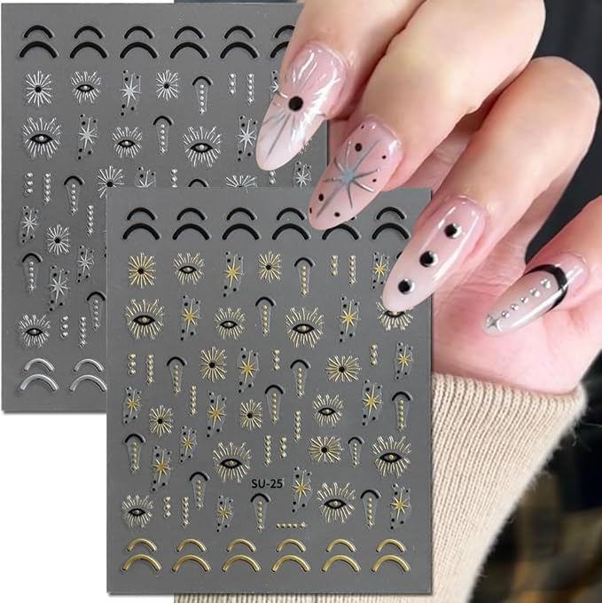 9 Sheets Star Sun Moon Nail Stickers Decals 3D Self-Adhesive Pegatinas Uñas Silver Nail Stickers Holographic Gold Black Heart Nail Supplies for Women Girls DIY Nail Art Design Decoration Accessories