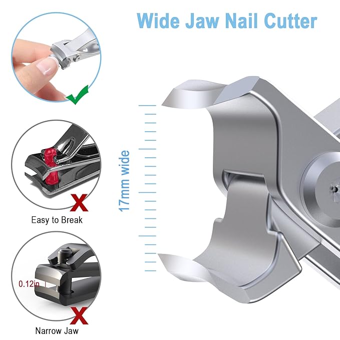 GLAMFIELDS Nail Clippers, 17mm Wide Jaw Opening Toenail Clippers for Seniors Thick Toenails/Ingrown Toenail Treatment, Heavy Duty Fingernail Clipper for Manicure, Pedicure, Men & Women Big(Silver)