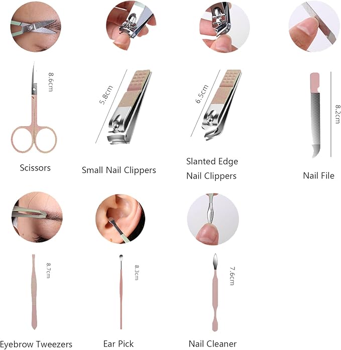Nail Clipper Set, 7PCS Manicure Set Fingernail Clippers Kit Fashion Color Champagne Stainless Steel Pedicure and Manicure Kit with Pink PU Leather Case