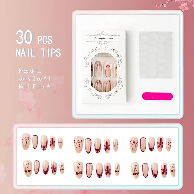 Flower Press on Nails Medium Almond Fake Nails French Tip Nails Press Ons Nude Purple False Nails Bow Glue on Nail Glossy Full Cover Stick on Nail for Women Decorations Set 24Pcs