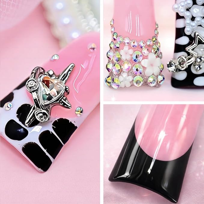 10 Pieces Luxury Acrylic Press On Nails Long Handmade Duck Nails, Black Thickened False French Nails, With 3D Bowknot And Stars, Reusable Fake Nails, Acrylic Nails (M)