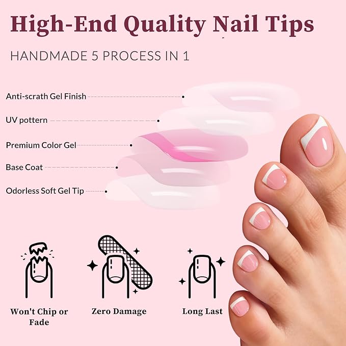 240PC Press on Toenails for Women Fake Toe Press on Nails French Tip Toe Nail Press ons with Sticky Tabs, 12 Size Fake Toenails Press ons Acrylic Toe Nail Tips Kit White Press on Toe Nails-F