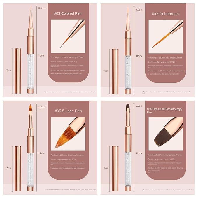 5Pcs Nail Art Brush Set with Rose Gold Rhinestone Handles - Professional Gel Polish, Liner & Drawing Brushes for Salon, DIY Manicure, Acrylic & UV Gel Nail Design liner brushes for nails(5 sticks)