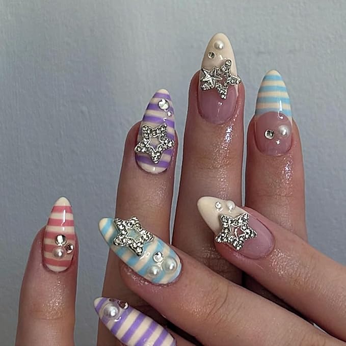 Pastel Stripe Press on Nails Medium Almond Fake Nails Y2K Nails Press ons with Star Charms Design,Reusable & Easy Apply Full Cover Stick on Nails for Women Manicure 24Pcs