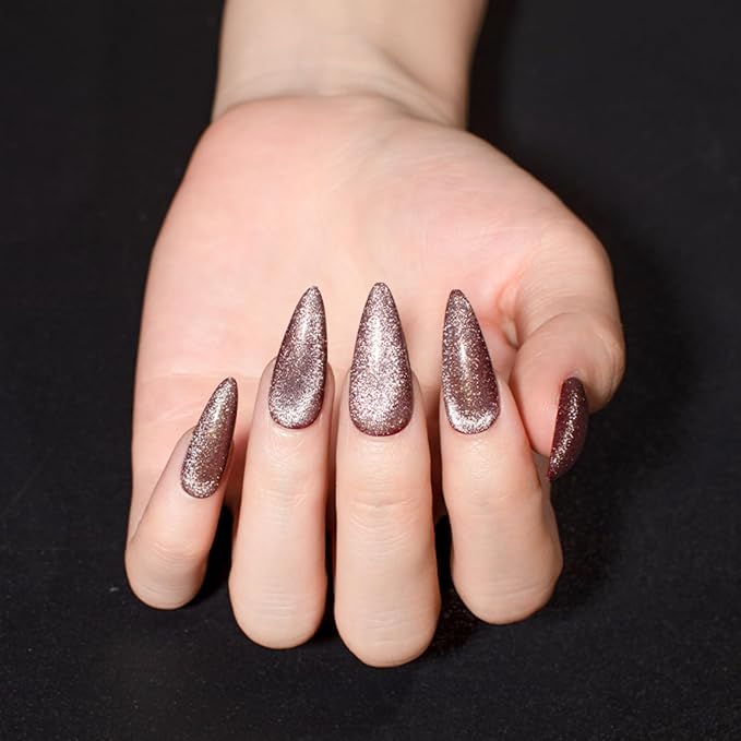 Press-On Nails, Syrup - 24 Pcs Reusable Acrylic False Nails in Stiletto Shape, Medium Long Almond with Cat Eye Design, Full Well Tips, Pink Shimmery Finish, for Women and Girls