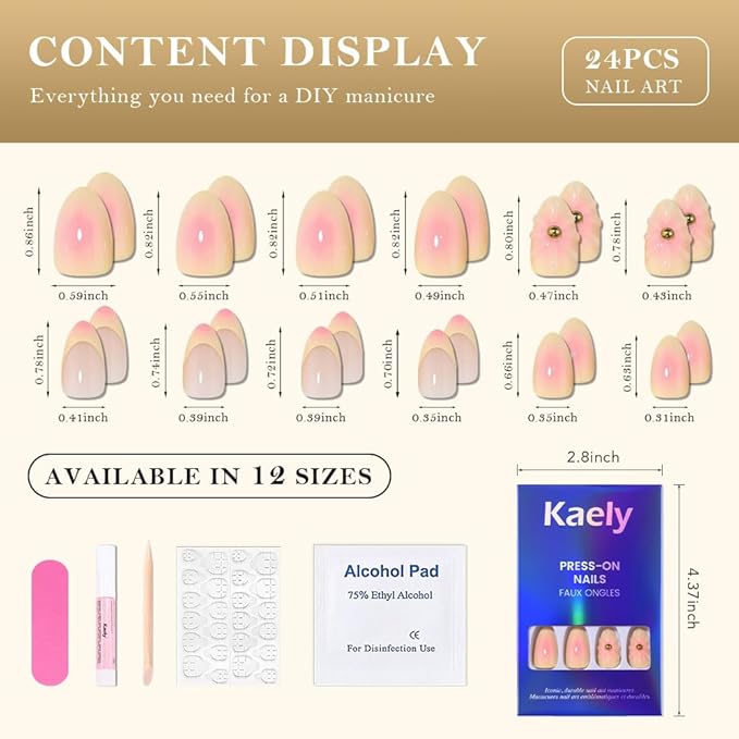 3D Ombre Yellow Press on Nails Short Almond, Peach to Yellow French Glossy Press Stick on Nails for Women Gift with Kit, Reusable Soft Gel Stick on Acrylic Fake Nail with Ombre Designs Perfectly Fit