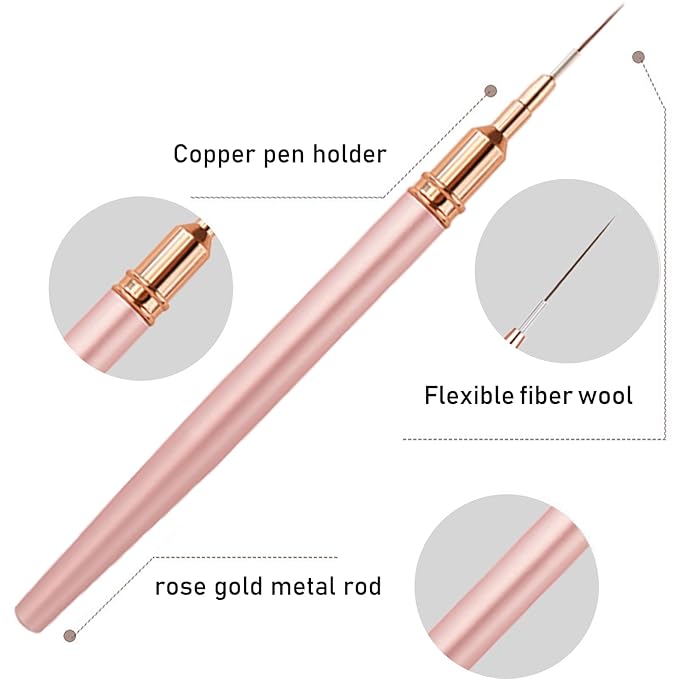 WOKOTO 5 Pcs Rose Gold Nail Art Liner Brushes Painting Nail Art Brush Set Nail Dotting Drawing Tool For Long Lines Thin Details Fine Drawing Sizes 5/8/12/15/20mm Liner Brushes With Metal Penholder