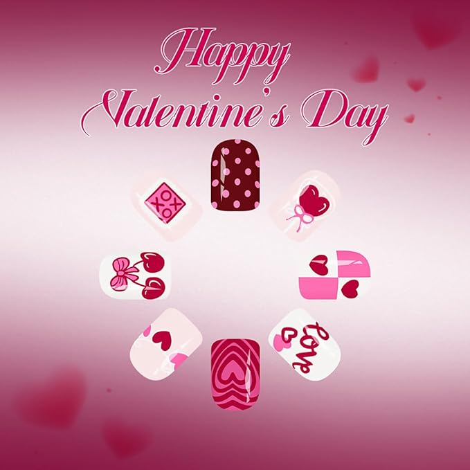 24Pcs Valentines Press on Nails Short Square Fake Nails Pink Heart Acrylic Nails with Love Letter Cherry Romantic Stick on Nail Love Heart False Nails Valentines Glue on Nails Decoration for Women DIY