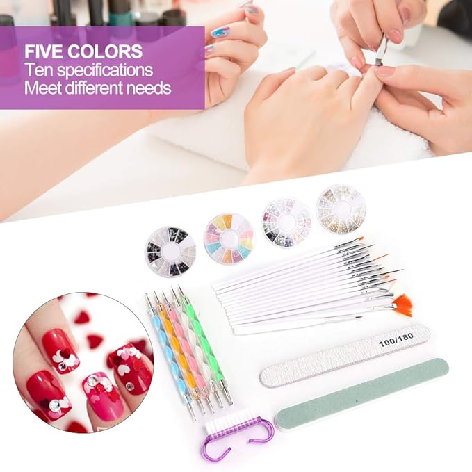 Nail Art Brushes Set, Nail Art Kit, Nail Design Kit with Nail Dotting Tools, Nail File Nail Buffer, Nail Charms and Gems, Rhinestones for Nails, Nail Dust Brush, Nail Design Tools for Home DIY Salon