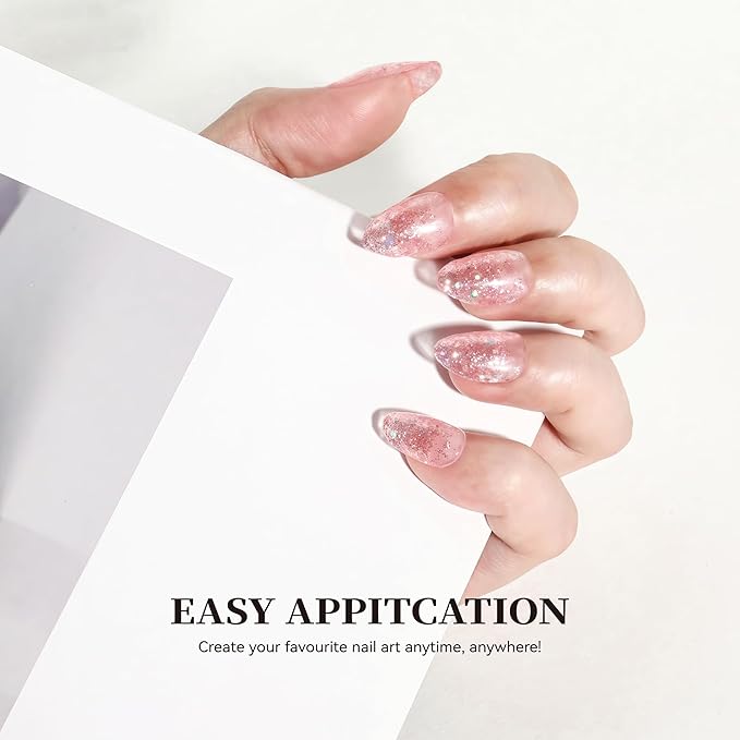 Semi Cured Gel Nail Strips Pink Glitter Nail Strips with UV/LED Required Long Lasting Gel Nail Stickers Includes 22 Strips 2 Prep Pads, Nail File & Wooden Stick