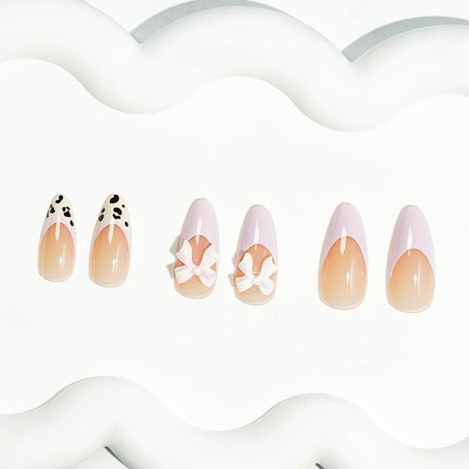 24pcs Leopard Print French Tip Pres on Nails Medium Almond Fake Nails 3D Resin Bow Charm Designs False Nails Pink French Full Cover Acrylic Stick on Nail Glossy Reusable Artificial Nail for Women