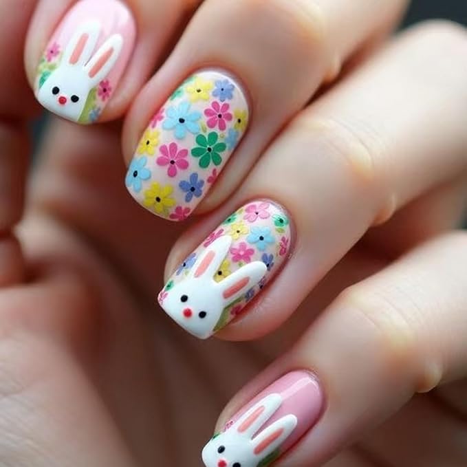 24 Pcs Easter Press on Nails Cute White Bunny Fake Nails Short Square Acrylic Nails with Colorful Flower Designs Full Cover Glossy False Glue on Nail for Women Easter Manicuare Art Decoration