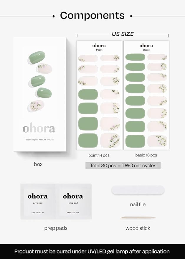 ohora Semi Cured Gel Nail Strips (N Spring Garden) - Green, Patterned, Works with Any UV/LED Lamps, Salon-Quality, Long Lasting, Easy to Apply & Remove - Includes 2 Prep Pads, Nail File & Wooden Stick