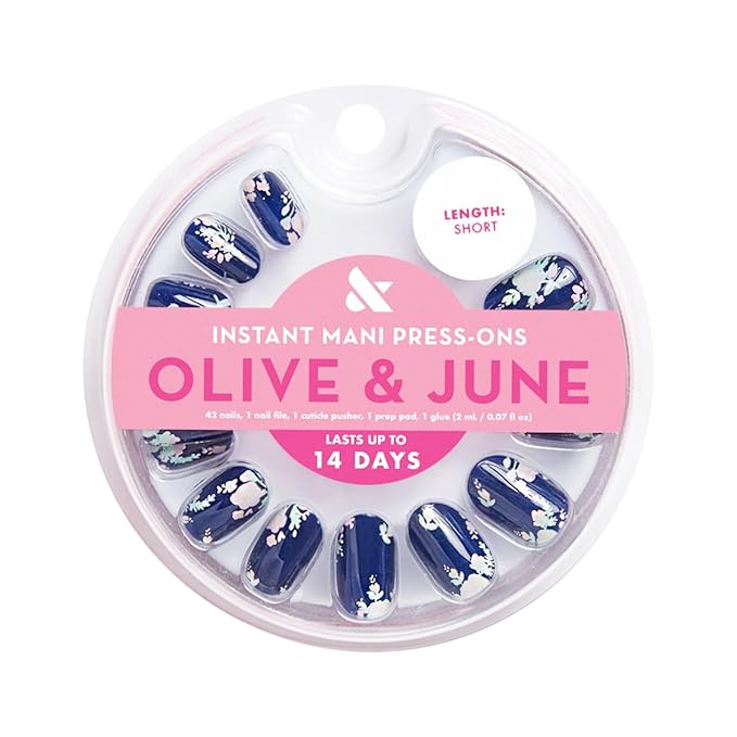 Olive & June Instant Mani Press-On Nails (Glue) | 42 Fake Nails, 21 Sizes | Non-Toxic, Long-Lasting Recycled Materials Realistic Look | Spring Flowers & Patterns | Short, Round | Micro Floral