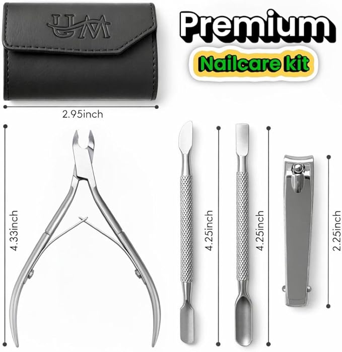 UM Supplies 4PCS Nail Care Set + Storage Pouch | Professional Cuticle Nipper with 2 Pushers and Nail Cutter Stainless Steel | Manicure Pedicure Tool | Jaw 14 (5mm) Double Spring