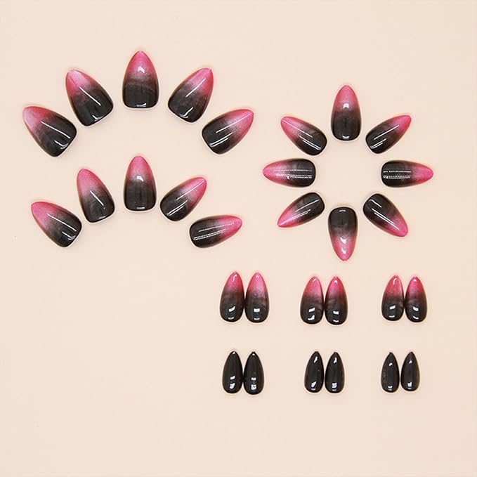 Red Press on Nails Almond Short Fake Nails with Designs Ombre Red Black False Nails Press ons Glossy Full Cover Acrylic Glue on Nails Cute Artificial Stick on Nail for Women Manicure 24Pcs