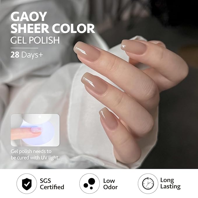 GAOY Jelly White Pink Gel Nail Polish Set, 6 Transparent Colors Sheer Nude Brown, Soak Off UV Light Cure Gel Polish Kit for Nail Art DIY at Home