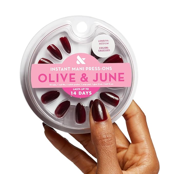 Olive & June Instant Mani Press-On Nails (Glue) | 42 Fake Nails, 21 Sizes | Non-Toxic, Long-Lasting Recycled Materials Realistic Look | Salon-Quality at Home | Medium, Almond | Obsessed