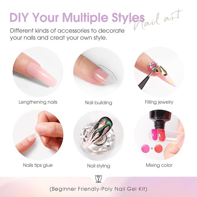 ROSALIND Poly Nail Gel Kit -38 Classic Colors +72 Nail Art Accessories kit Clear Nude Christmas Poly Nails Gel Kit Starter Kit with Mini UV Lamp Slip Solution Basic Tools for Beginners with Everything