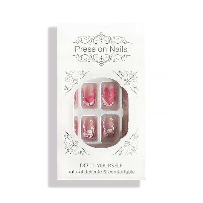 Pink White French Tip Press on Nails Flower Fake Nails Short Square False Nails Spring Summer Glue on Nails Full Cover Artificial Stick on Nails for Women Girls DIY Manicure Salon 24Pcs