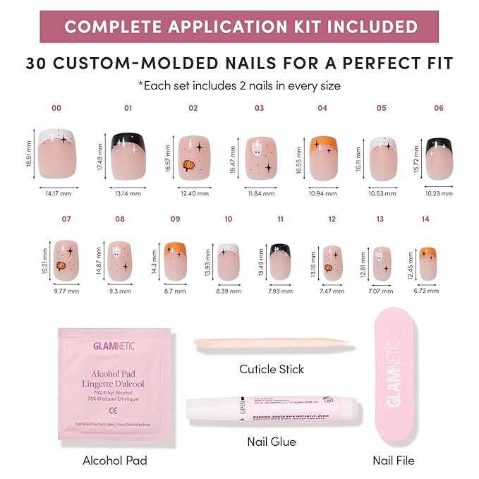 Glamnetic Press On Nails - Tiny Pumpkin | Short Squoval French Tip Fake Nails with Pumpkin Graphics & Glossy Finish, Salon Quality Halloween Nails | 15 Sizes - 30 Nail Kit with Glue