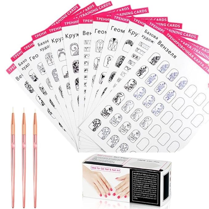 HomeSoGood Nail Art Book Design Practice Acrylic Nail Art Practice with 3pcs Nail Liner Pen 360pcs Nail Wipes,Lines Drawing Template Learning Book Reusablev