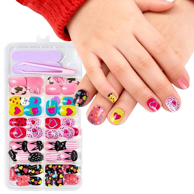 120Pcs 10 Packs Cute Short Press on Nails for Girls 5 Styles 12 Sizes Press on Nails for Kids Press ons with Heart Cactus Solid Color Designs Full Cover Acrylic Nails for Little Girl Gift DIY Manicure