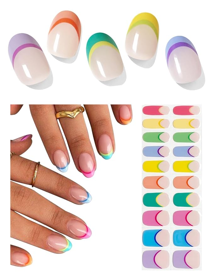 Semi Cured Gel Nail Strips, Spring Rainbow, 20pcs Macaron French Gel Nail Stickers Work with UV, Easy to Use and Remove