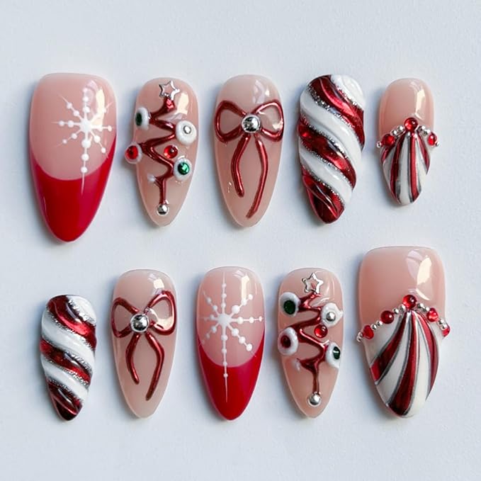 Press On Nails - Handmade Almond short Nails, Painting French 3D Stars Art Design press ons, Reusable Artificial False Nails for Women 10 Pcs Acrylic Nails Kits (Size M)