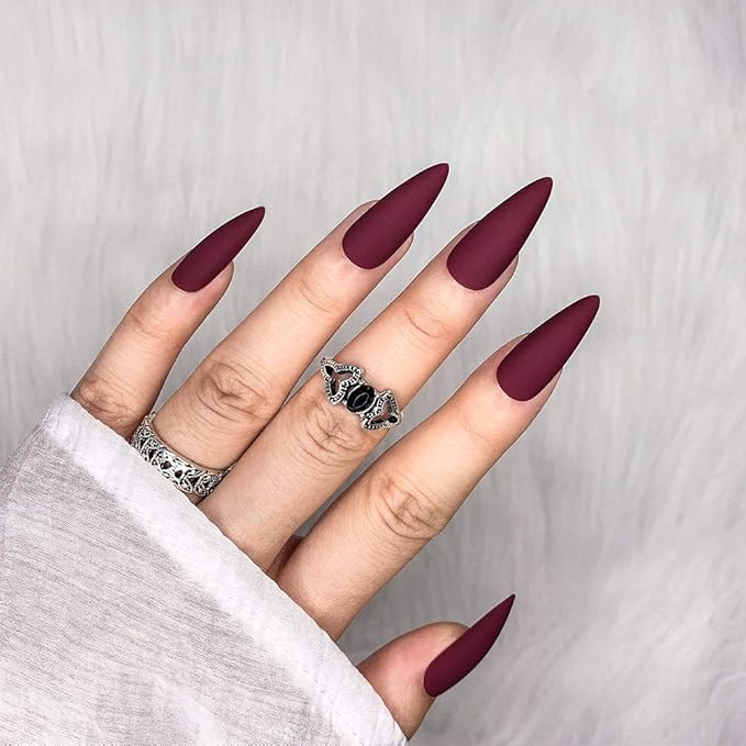 Morily 24pcs Fake Nails Matte Pure Color Medium Long Stiletto Almond Press on Nail False Tips Artificial Finger Manicure for Women (Wine Red)