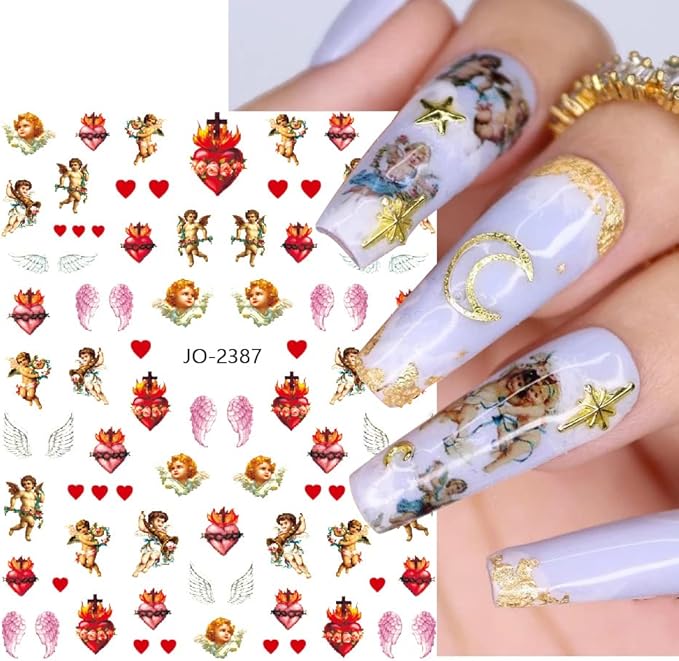 God Jesus Nail Art Stickers Decals, Christ Virgin Maria Love Cupid Angel Satan Nail Self-Adhesive Sticker Designs, Holographic 3D Angel Nail Transfer Decal for Women Girls Manicure Tips Decorations