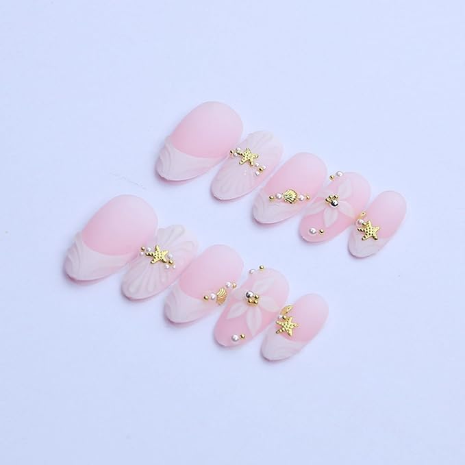 Press on Nails Medium Almond Fake Nails White French Artificial Nail with Stars and Pearl Charm Stick on Nail for Women 24pcs