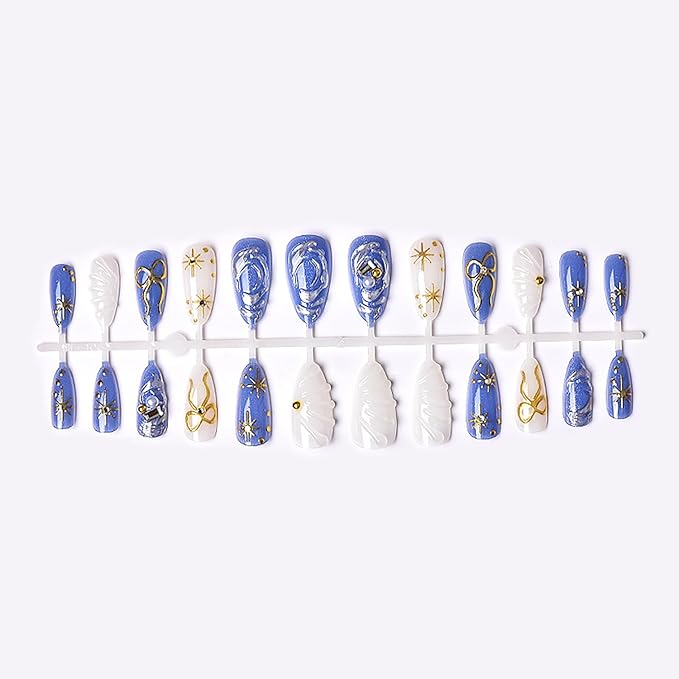 24pcs Blue Press on Nails Medium Almond Fake Nails with 3d Gold Bow Star Rhinestones Designs Glue on Nails Blue Full Cover Artificial False Nails Reusable Acrylic Nail for Women Nail Decor Supplies