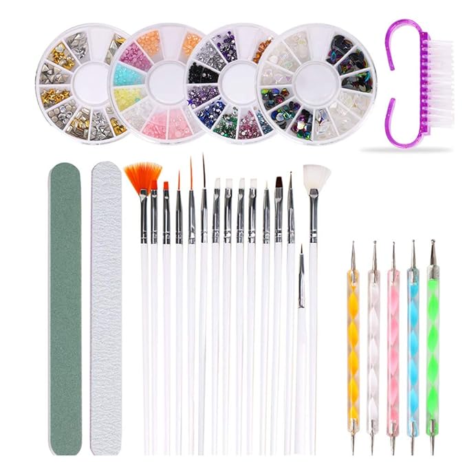 Nail Art Brushes Set, Nail Art Kit, Nail Design Kit with Nail Dotting Tools, Nail File Nail Buffer, Nail Charms and Gems, Rhinestones for Nails, Nail Dust Brush, Nail Design Tools for Home DIY Salon