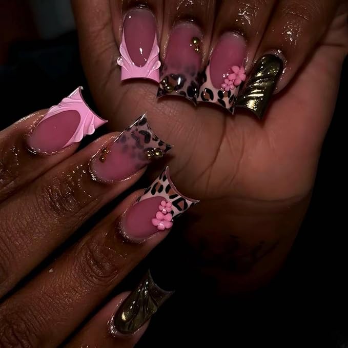 Leopard Print Press on Nails French Tip Fake Nails Duck False Nail with Flower Design Glossy Full Cover Artificial Acrylic Nail Bronze Stick on Nail for Women Manicure 24Pcs